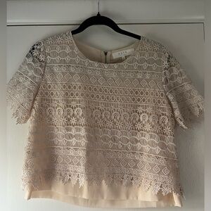 ASTR Short Sleeve Lace Overlay Blouse Top Cream Ecru Ivory Small